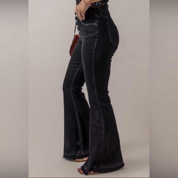 Black Button Front High Waist Flares - Picture 3 of 6